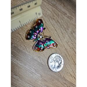 Iridescent Butterfly Brooch Gold Tone Enamel Rhinestone Pin Colorful Statement